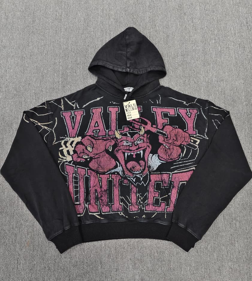 Vale Valley American High-Street Retro Graphic Vintage Washed Loop Terry Loose Hooded Cardigan