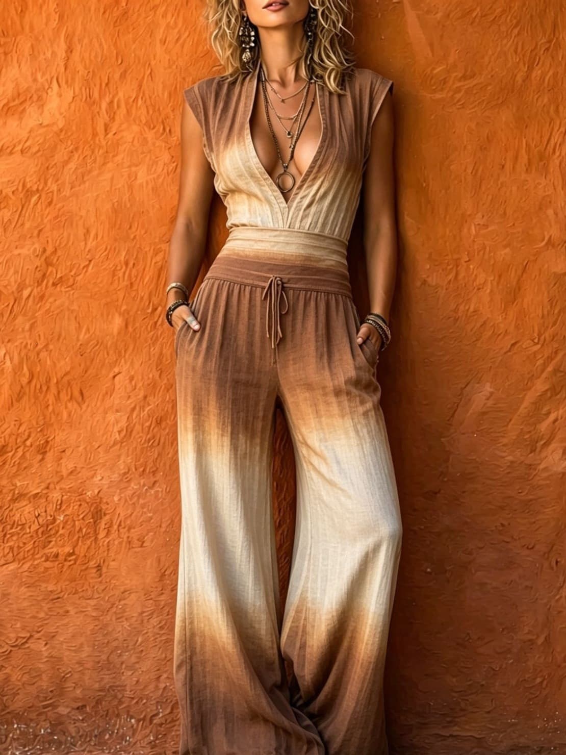 2026 European and American retro printed gradient wide-leg jumpsuit deep V-neck sleeveless high-waist seaside vacation jumpsuit