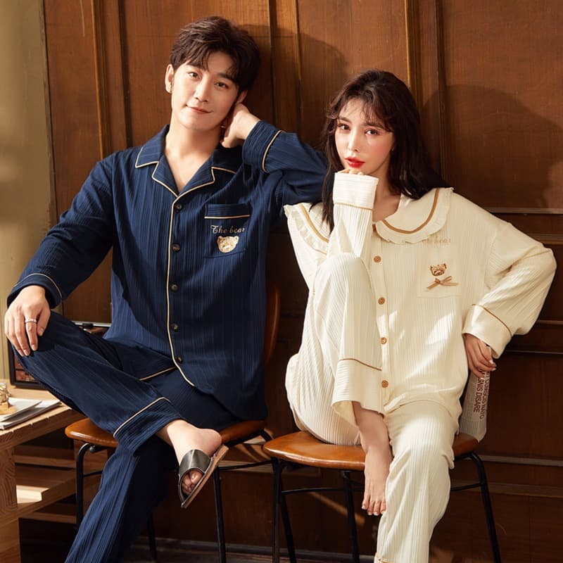 Couple Pajamas Cotton Long Sleeve Wear-Out Men Women Lapel Casual Loungewear Autumn Winter