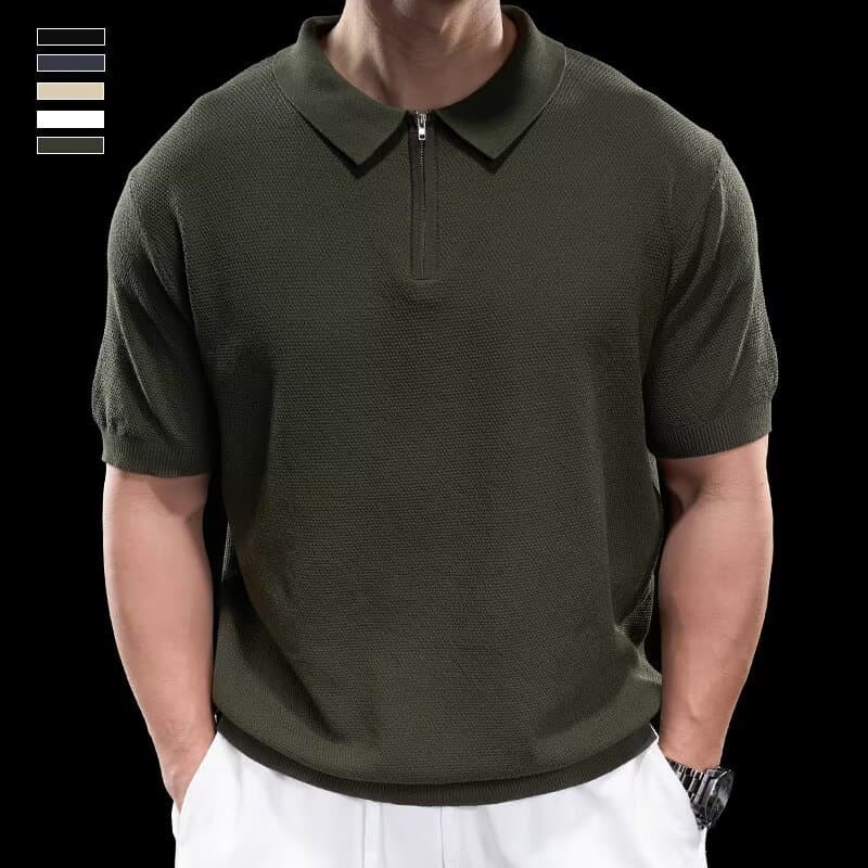Mature Korean Style Men's Casual Striped Pullover Polo Shirt Trendy Summer Short Sleeve Knit T-Shirt