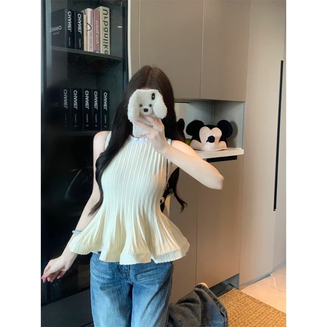 Actual Photo French Ruffle Knit Top Women 2026 Summer New Style Slimming V-Neck Sleeveless Top 16161