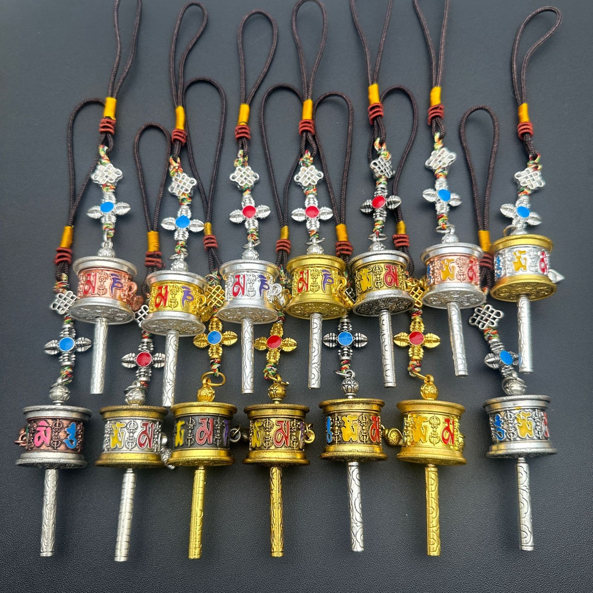 Tibetan-Style Prayer Wheel with Six-Syllable Mantra, Rotatable Car Hanger, Bag, and Keychain Accessory