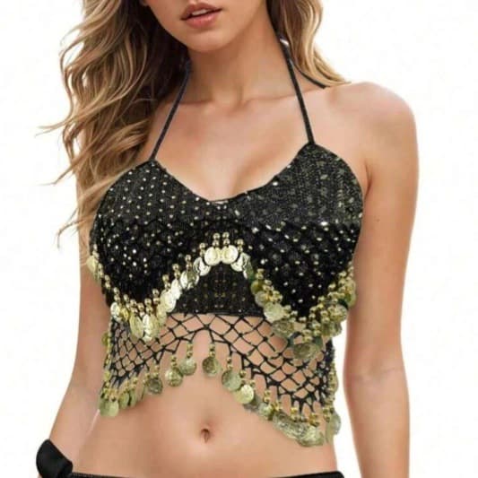 Belly Dance Costume Sequin Bra Indian Egyptian Dance Performance Outfit Stage Wear Fringe Halter Top Party Dress