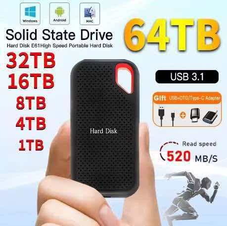Cross-border E61 Portable SSD, Large Capacity Upgrade 1TB 2TB 4TB 16TB Portable Solid State Drive