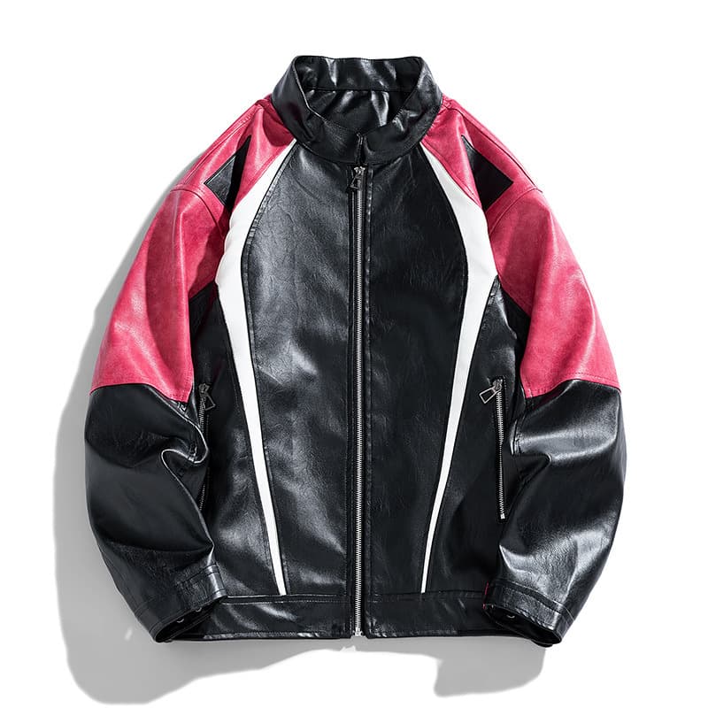 Men's PU Leather Jacket 2024 Spring/Autumn New American High Street Patchwork Contrast Color Loose Motorcycle Coat