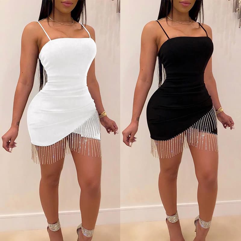 Factory Direct Elegant European Style Strapless Fringed Rhinestone Tank Dress For Women Nightclub Dress Without Straps