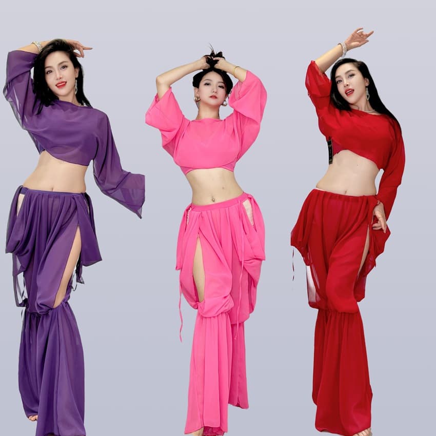Swegal Belly Dance Practice Outfit Oriental Dance Costume Chiffon Harem Pants Set 4-Piece Practice