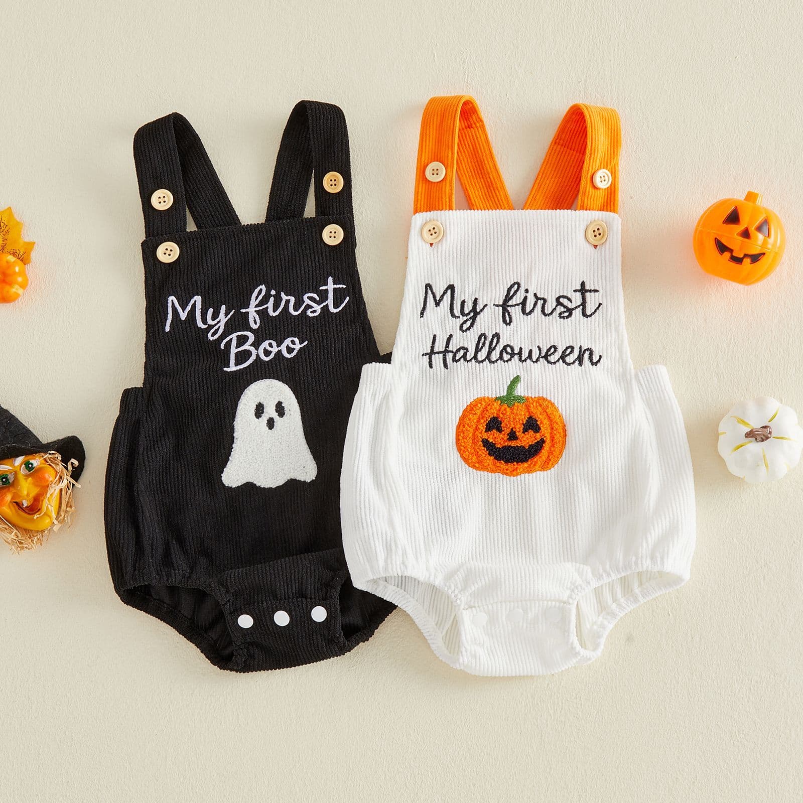 Halloween cute baby onesies for men and women, pumpkin ghost embroidered suspenders, crawling clothes, going out clothes