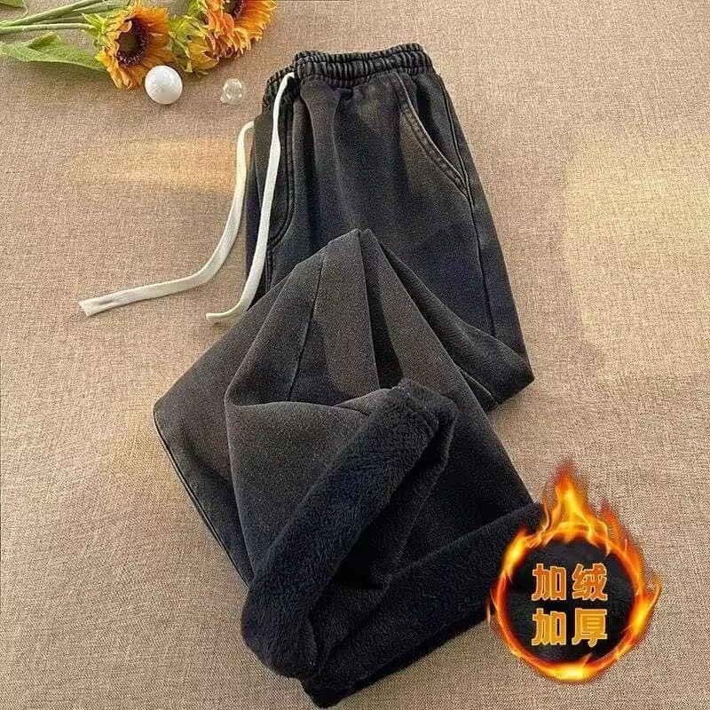 Fleece-Lined Thickened Men's Jeason, Elastic Waist Straight-Leg Wide-Leg Pants for Petite Individuals, Loose Autumn/Winter Student Warm Trendy Pants