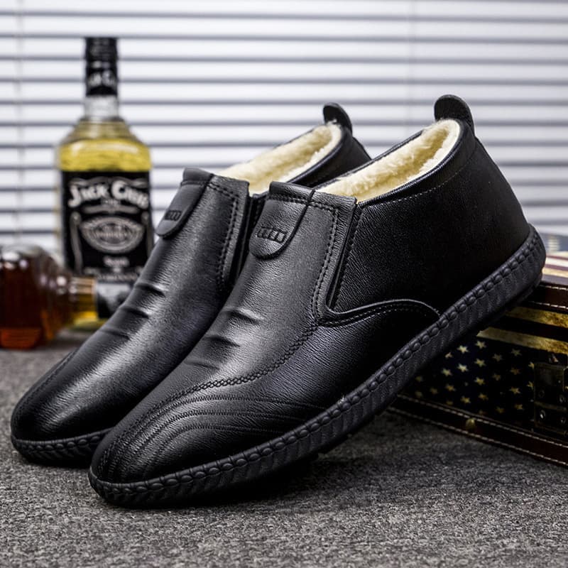 Cotton Shoes Mid-top Leather Boots PU Casual Shoes Autumn Winter Fleece Lined Warm Men's Flat Sole Middle-aged and Elderly Warm Men's Shoes