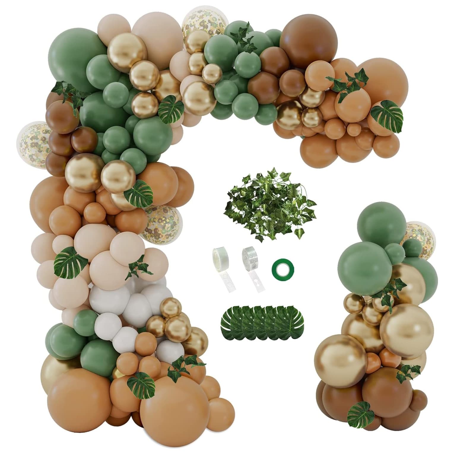 142-Piece Cross-Border Forest Wildlife Balloon Garland Arch Kit, Sage Green Brown with Vines and Palm Leaves