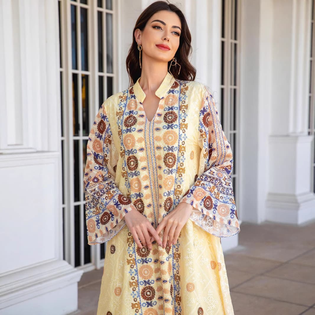 241107 Cross-border women's long robe, embroidered fabric printed rhinestone long dress, Abaya dress