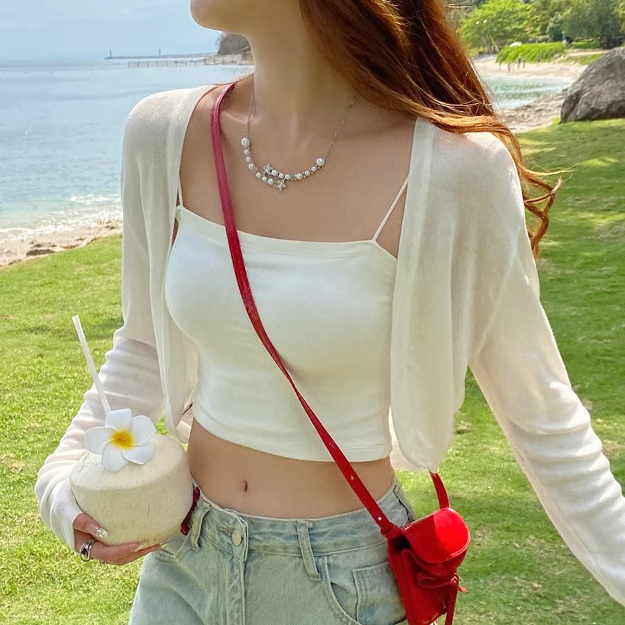 Sun Protection Cardigan Knit Jacket for Women, 2025 Summer Thin Strap Dress Outer Layer Cover Shirt Ice Silk Short Vest Jacket