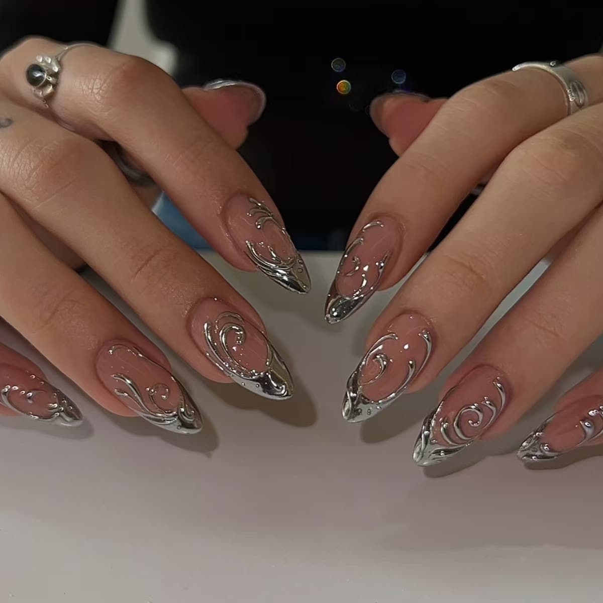 3D Liquid Irregular Silver-Plated Sweet Cool European-American Style Removable Wearable Nails 30 Press On Nails