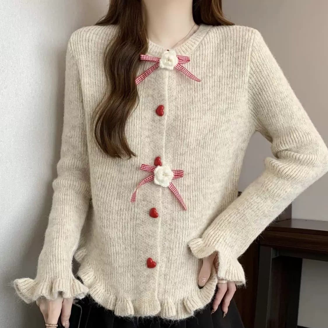 Korean Sweet Ruffle Bow Button Soft Versatile Knit Cardigan Top
