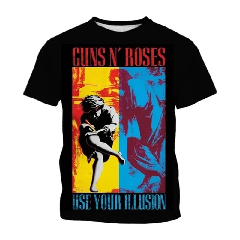 Retro Guns and Roses 3D Printed O-Neck T-Shirt for Men Casual Short Sleeve Rock Band Oversized Hip Hop T-Shirt Unisex