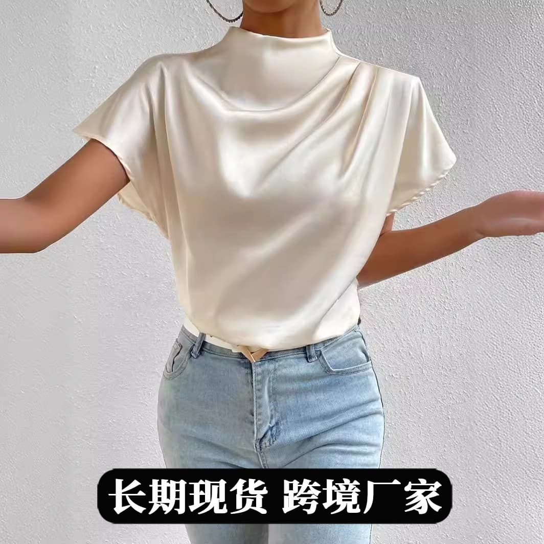 2026 Cross-Border Hot-Selling New Product Round Neck Short-Sleeve Left Shoulder Ruched T-Shirt Satin Women's Top Wholesale in Stock