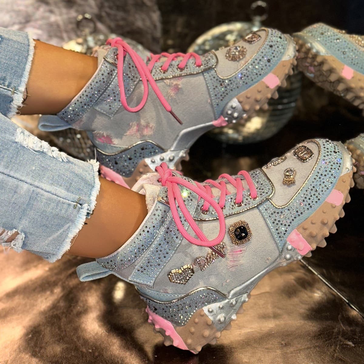 Dad Sneakers Women European Style Streetwear New Summer Breathable Casual Thick Sole Sports Rhinestone Mesh Shoes In Stock