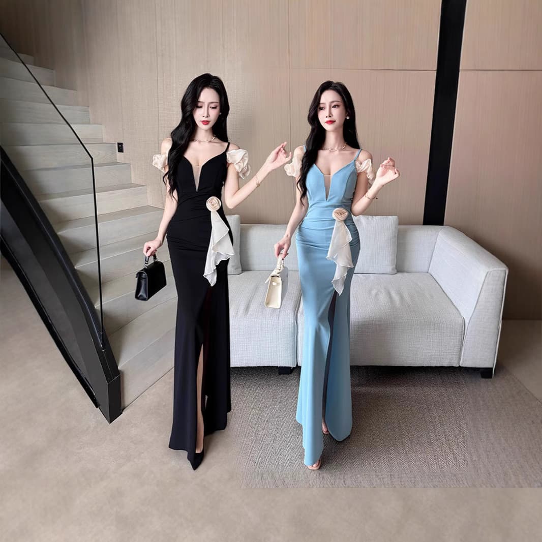 1625 High-end Sense Strapless Off-shoulder Custom Flower Dress Evening Gown, Engagement Banquet Flower Patchwork Waist Cinching Slit