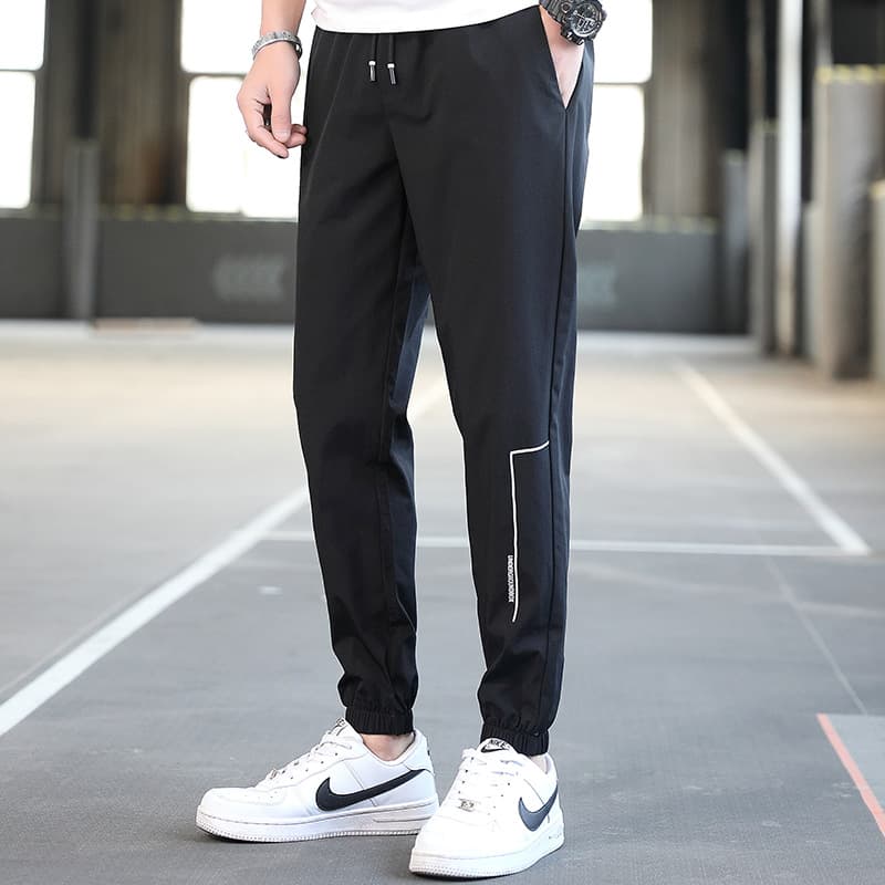 Spring and Summer Solid Color Trousers Youth Casual Sports Pants Quick-Dry Mid-Rise Drawstring Black Slight Stretch Men's Pants Cuffed Ankle-Length Pants