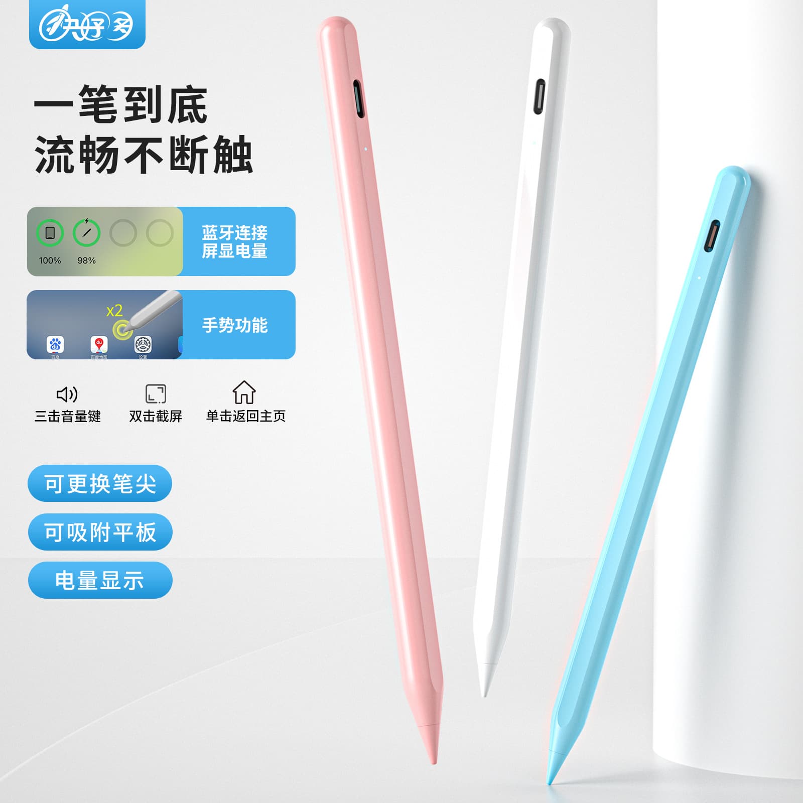 Active Stylus Pen for iPad with Palm Rejection, Tilt Sensitivity, Touch Screen, Bluetooth Battery Display Handwriting Pen