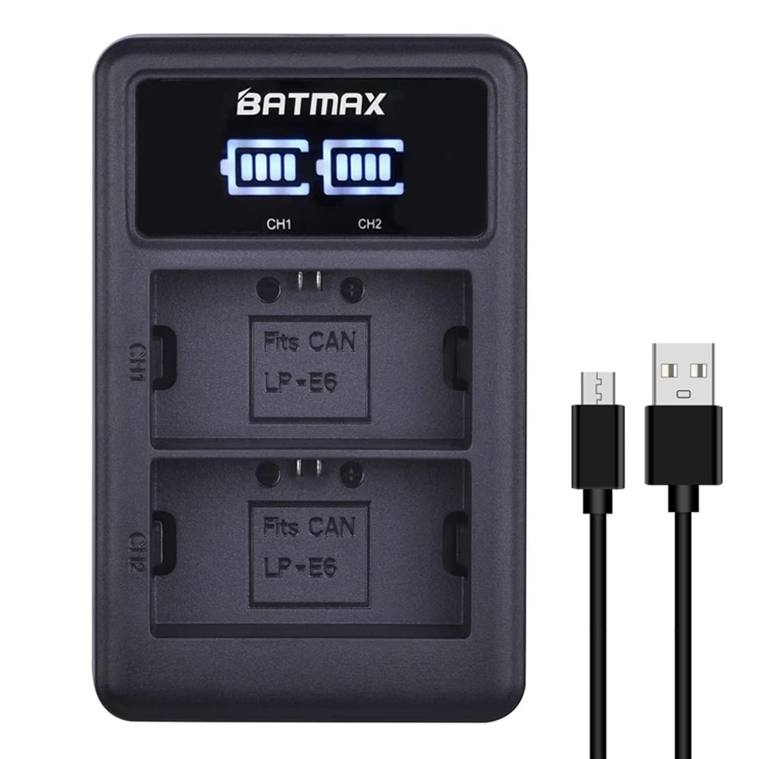 USB charger compatible with Canon DSLR camera batteries LP-E6, LP-E6N, E6NH, and LP-E6P.