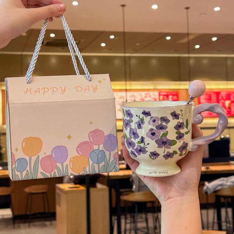 Exquisite Floral Goblet High-End Ceramic Mug Gift for Women Birthday Gift for Best Friend Bridesmaid Gift Box Set