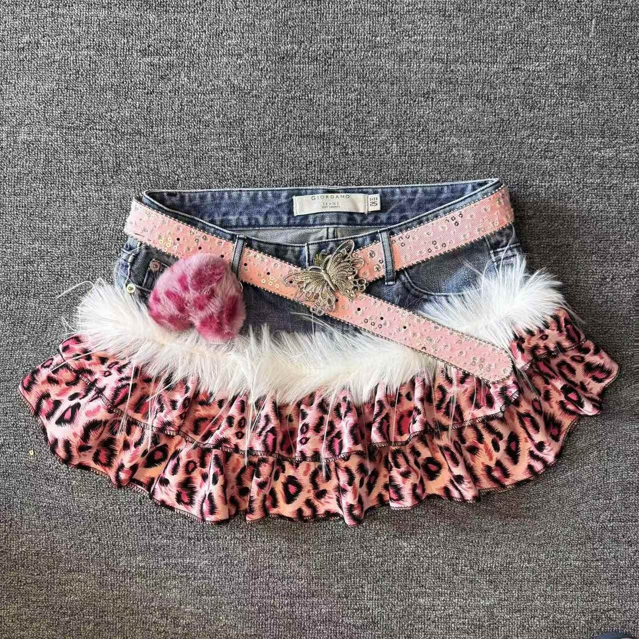 Y2K Pink Leopard Vintage Denim Patchwork Mini Skirt Leopard Print Y2K Aesthetic Streetwear