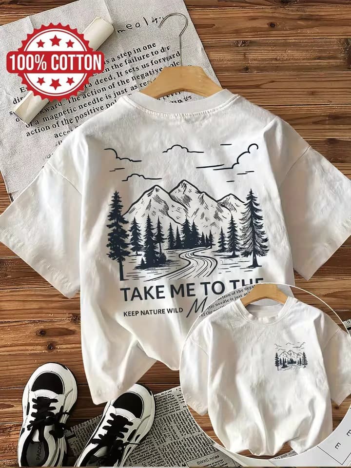 [Cross-border European code] Women's t-shirt mountain view graphic t-shirt "Take me to the wild" slogan casual
