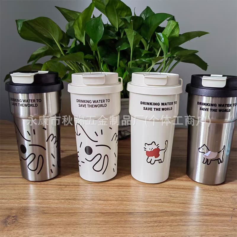 Factory Cross-Border Custom Straw Water Cup, Dual-Use Coffee Cup, Stainless Steel 316 Travel Cup, Car-Mounted Energetic White Cat Model