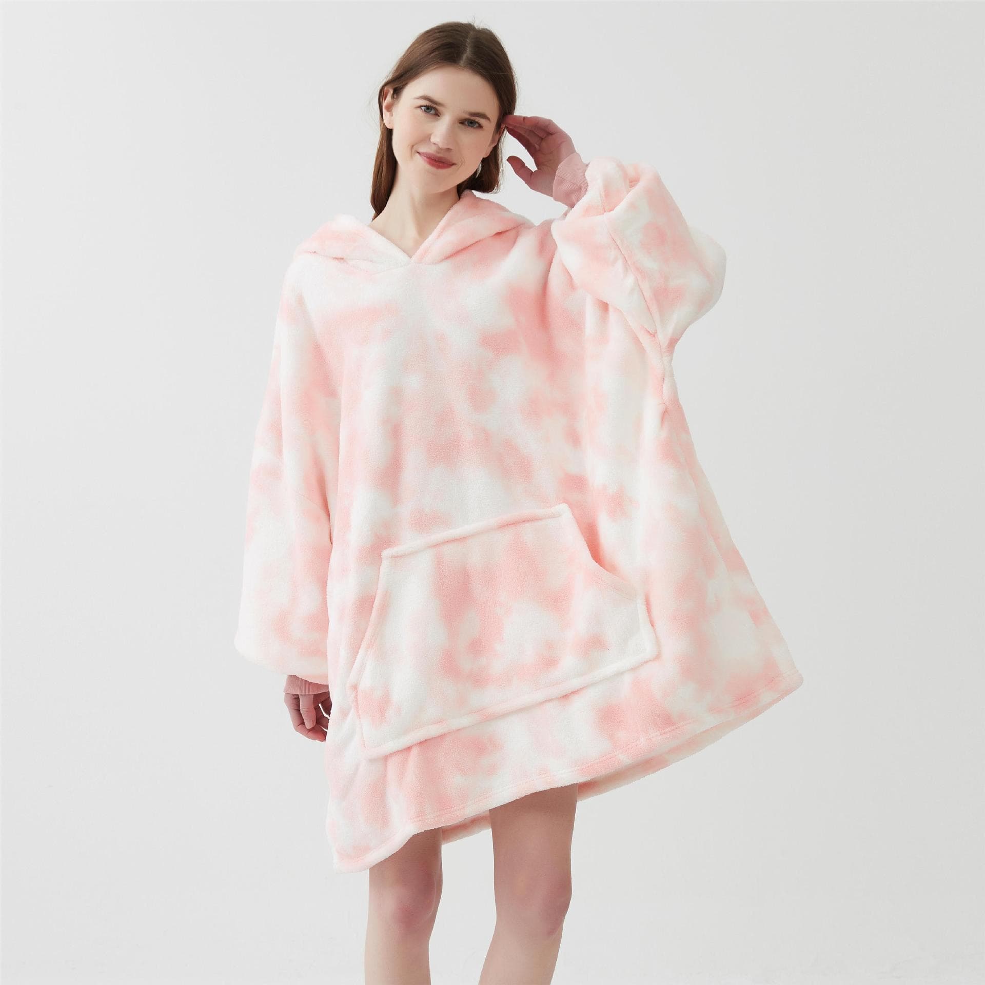 2026 New Plus Size Lazy Style Pink White Tie-Dye Wearable Blanket Comfortable Warm Wearable Loungewear Autumn Winter Sleepwear