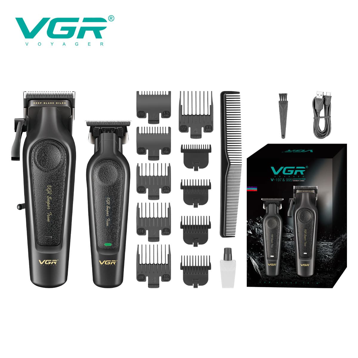 VGR197&995 Cross-border New Set Hair Clipper, Men's Salon Rechargeable Professional Home Use Mother-Child Machine Carving Scissors