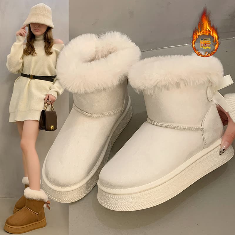 Women's Snow Boots with Furry Collar and Bow Decoration, Simple and Casual Style, Thick Sole Anti-Slip Cotton Shoes for Cross-Border Trade
