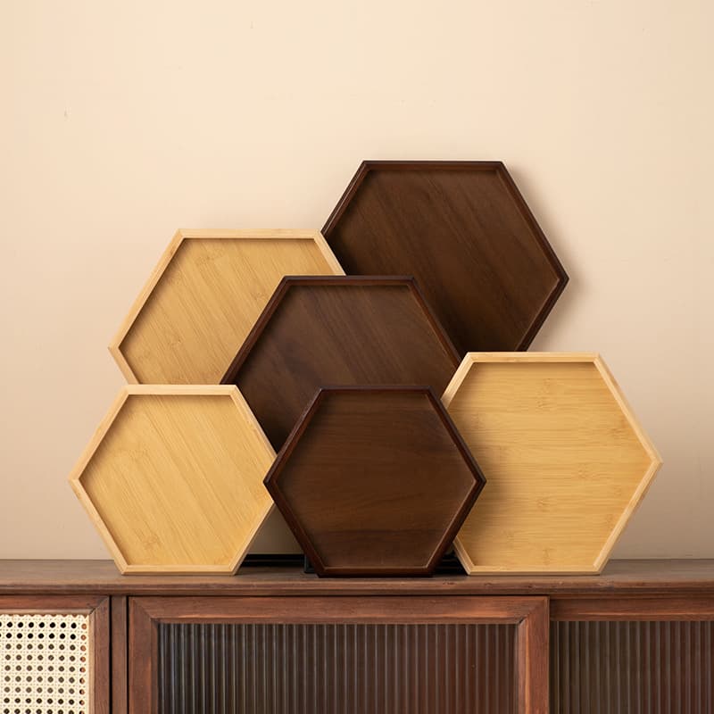 Modern Minimalist Hexagonal Bamboo Tea Tray Snack Plate Home Tea Cup Storage Serving Tray