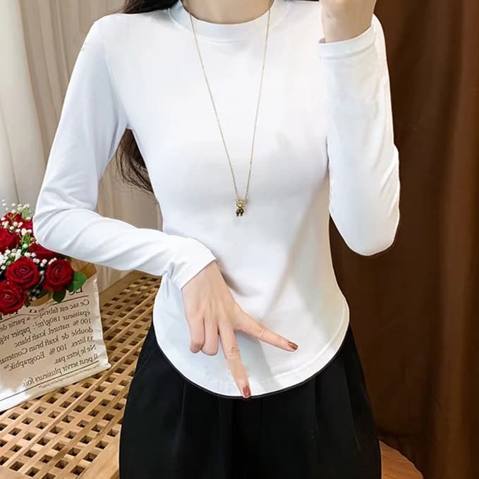 Arc hem, round neck, long-sleeved T-shirt for women, autumn bottoming top, solid color, simple, versatile, tight-fitting, long-sleeved top