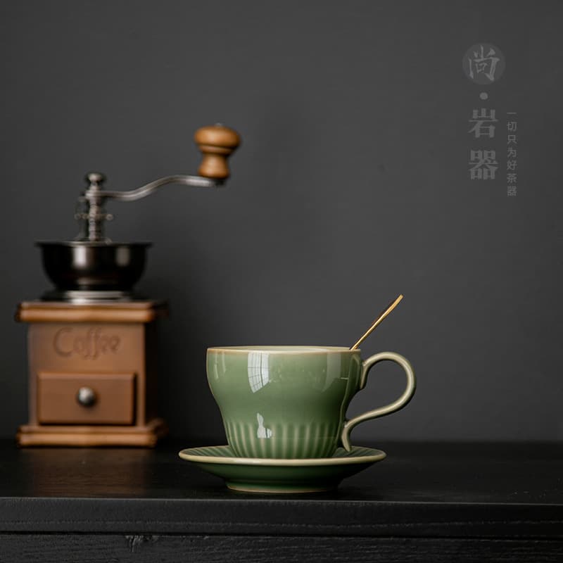 Vintage Celadon Green Vertical Stripe Coffee Cup with Saucer Set Ceramic Drinking Cup Breakfast Cup Milk Cup Drop Shipping
