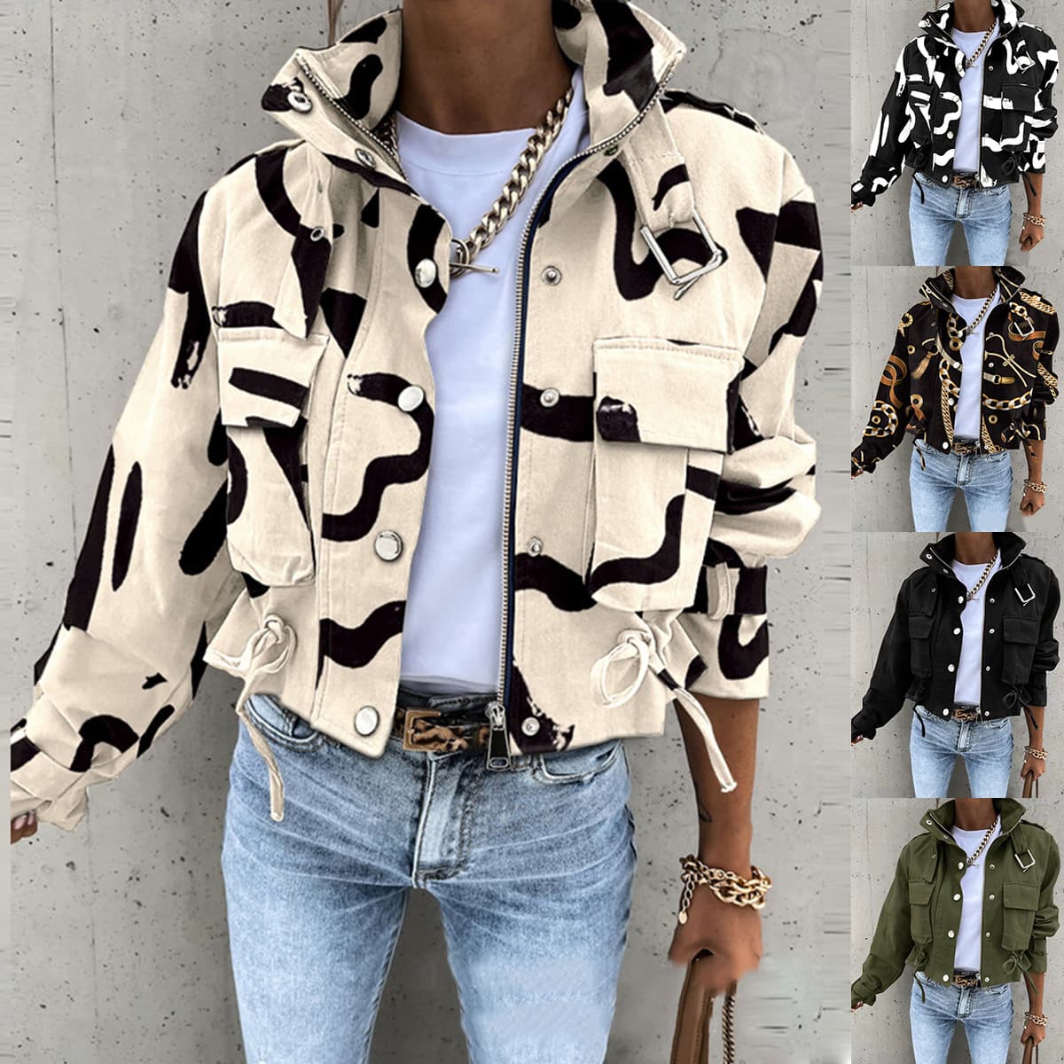 Cross-border Trade 2024 Amazon Autumn/Winter New Women's Button Zipper Polo Neck Printed Short Casual Jacket
