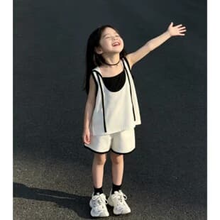 Girls' Summer New Trendy Hooded Faux Two-Piece Vest and Shorts Sportswear Set
