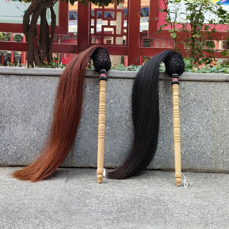 Peach Wood Handle Real Horsehair Whisk, Coffee & Black Tai Chi Whisk, Handmade Martial Arts Buddhist Whisk Fitness Whisk