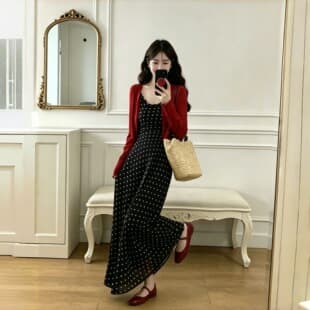 Spring-Fall Matching Set, Plus Size for Slightly Curvy Women, Polka Dot Camisole with Draped Neckline Dress and Open-Front Cardigan Two-Piece Set