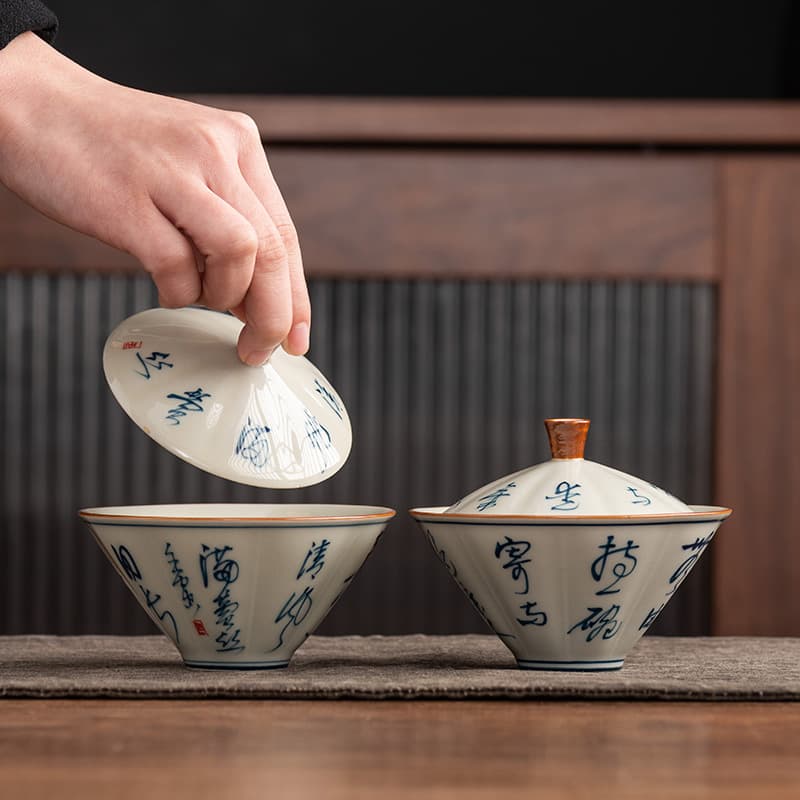 Plant Ash Creative Calligraphy Gaiwan, Handcrafted Ercai Bowl, Home Kung Fu Tea Set, Tea Infuser, Non-Scalding Tea Bowl