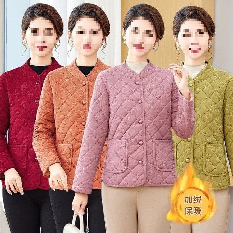 Winter Cotton Padded Jacket Fleece Thickened Middle-aged Mom Casual Fashion Versatile Stand Collar Coat Cotton Clothing with Tag
