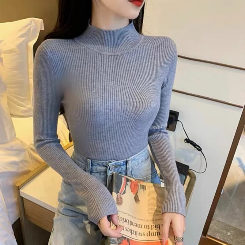 Soft and Stylish Autumn/Winter Half-Turtleneck Black Sweater for Women, Long-Sleeved Base Knit Top, Trendy and Beautiful Blouse This Year