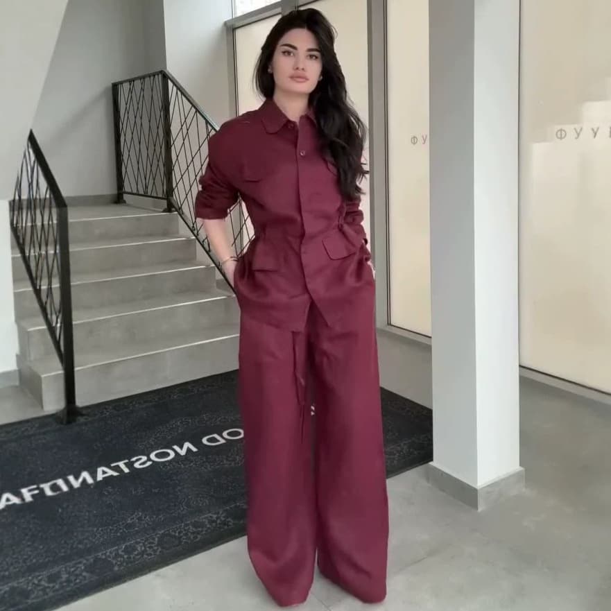 European and American Women's Cross-Border Export 2026 Spring/Autumn New Long-Sleeve Lapel Shirt Top High-Waist Wide-Leg Pants Set