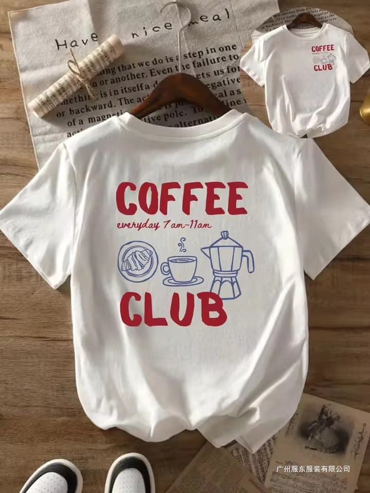 Coffee Club Graphic T-Shirt, Vintage Coffee & Breakfast Print Casual Crew Neck Short Sleeve Top, Summer