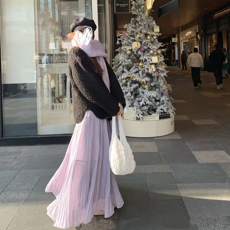 Purple A-line skirt women 2025 spring new summer high-waist slimming umbrella skirt gentle fairy versatile crinkle long skirt