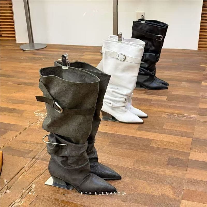 Wide-Calf Pointed-Toe Pleated Stack Boots 2026 New Minimalist Designer Korean Style Long Boots Women Chunky Heel High-Top Riding Boots