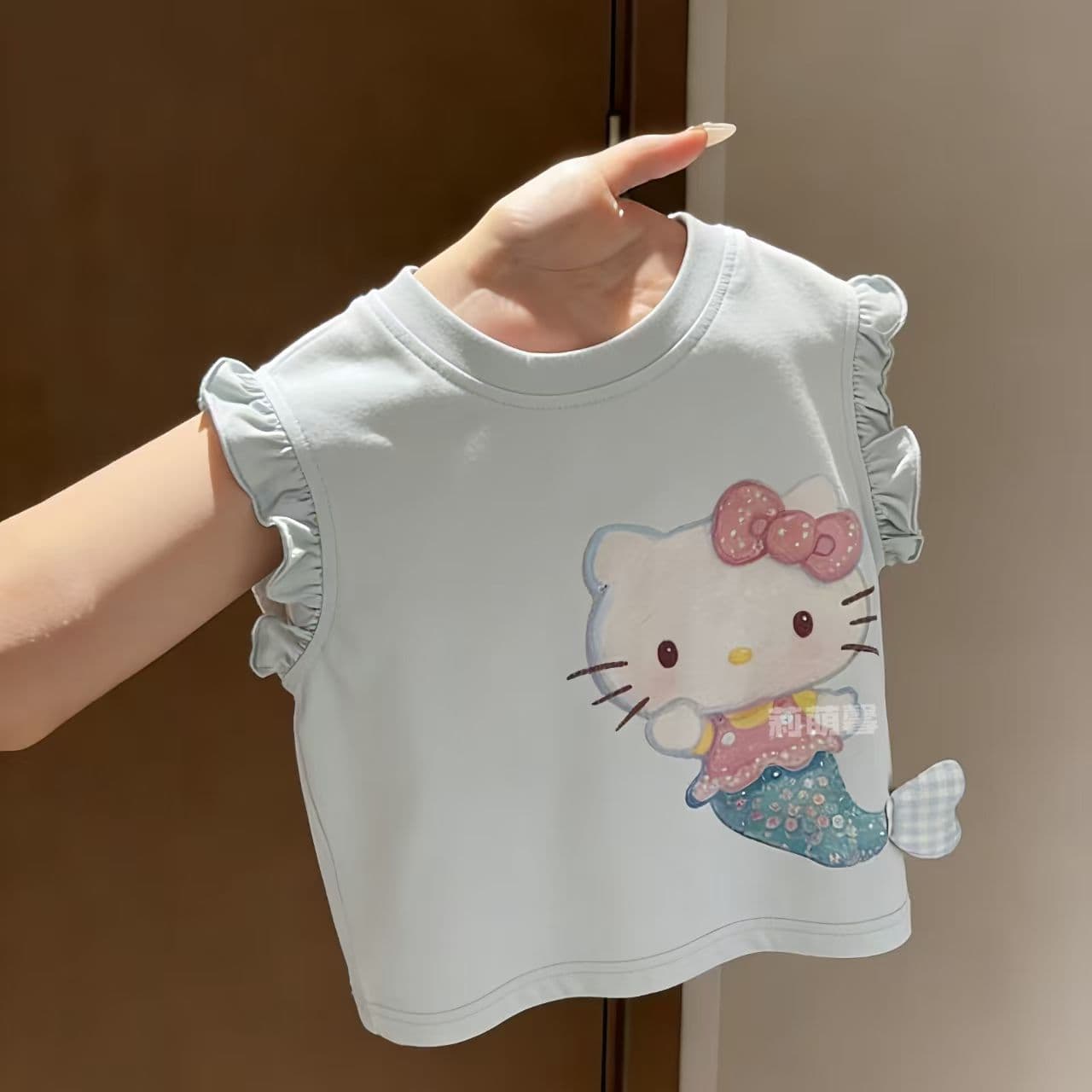 Summer Girls Stylish Hello Kitty Mermaid Sleeveless T-Shirt Pure Cotton Baby Cute Cartoon 3D Top
