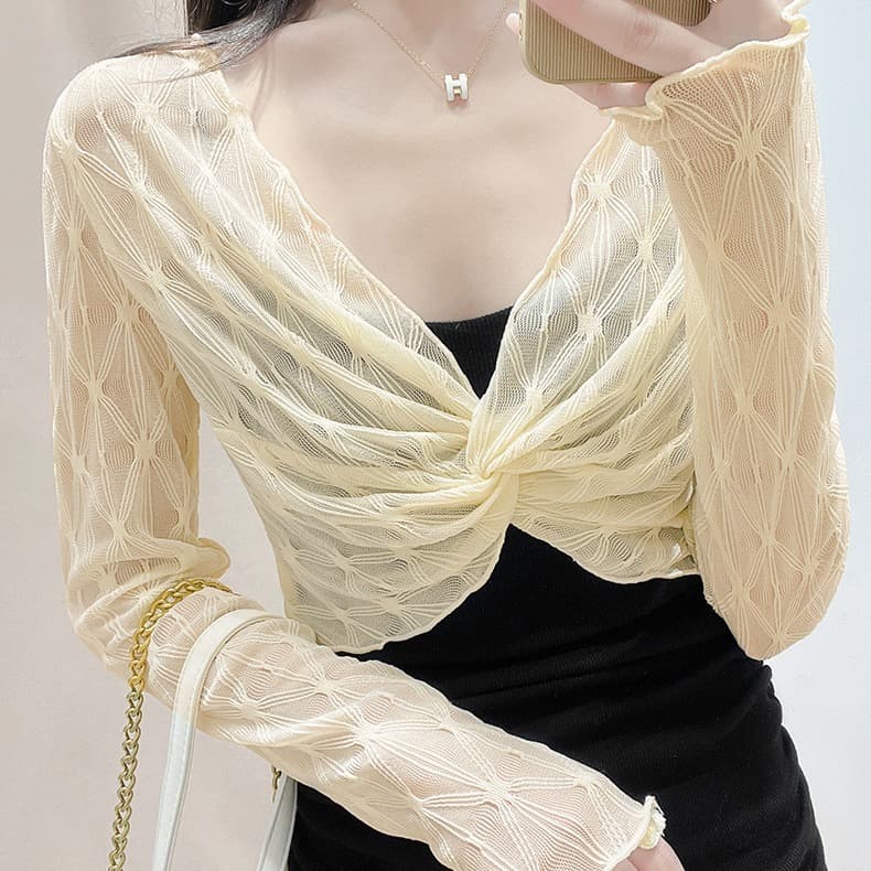 Summer V-neck lace shawl new women's short mesh sun protection suspender dress outerwear long-sleeved thin pullover cover-up