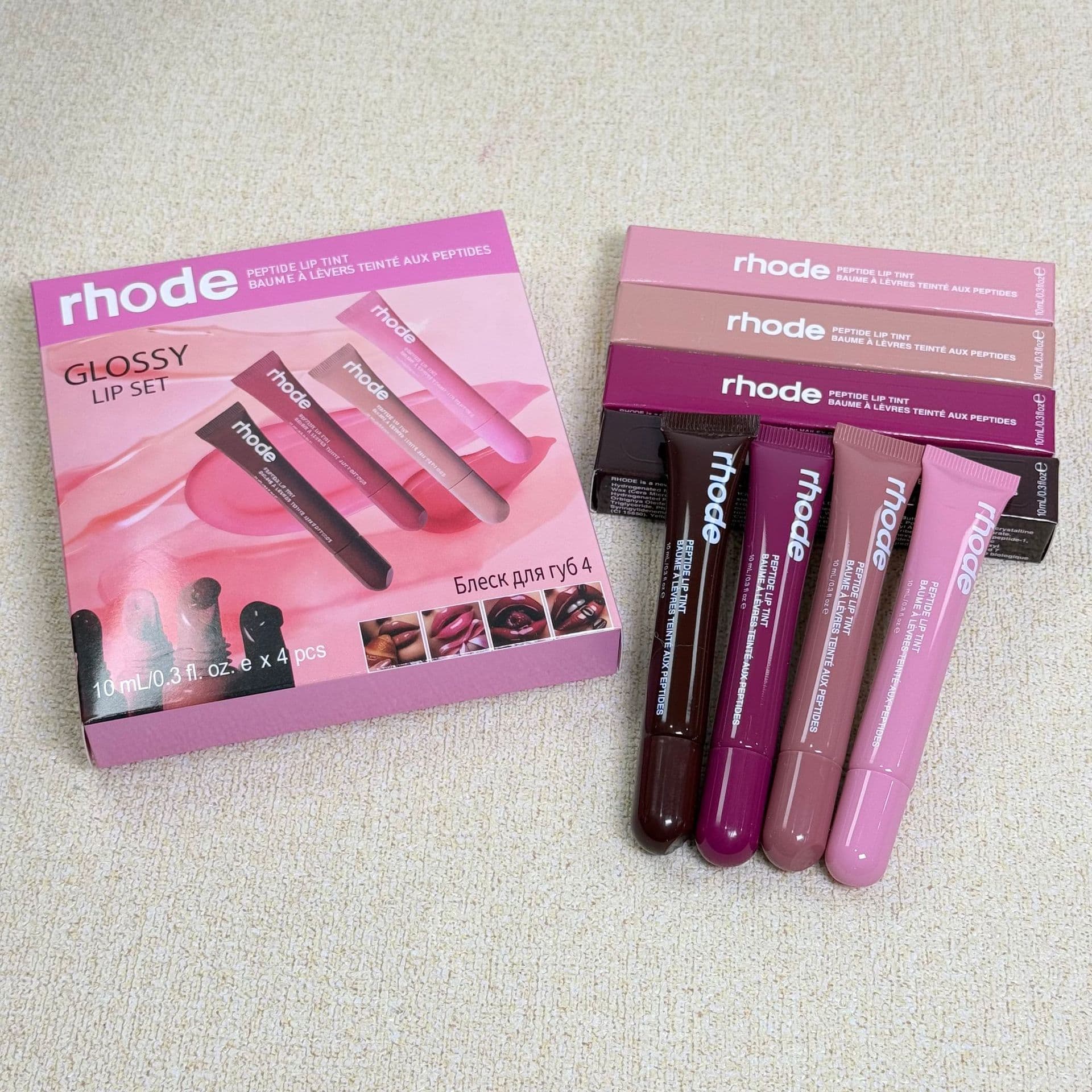 Rhode Hailey Tinted Lip Gloss Lip Gloss Lipstick Hailey Moisturizing Lip Balm 4-Piece Set Ribbon Water Gloss